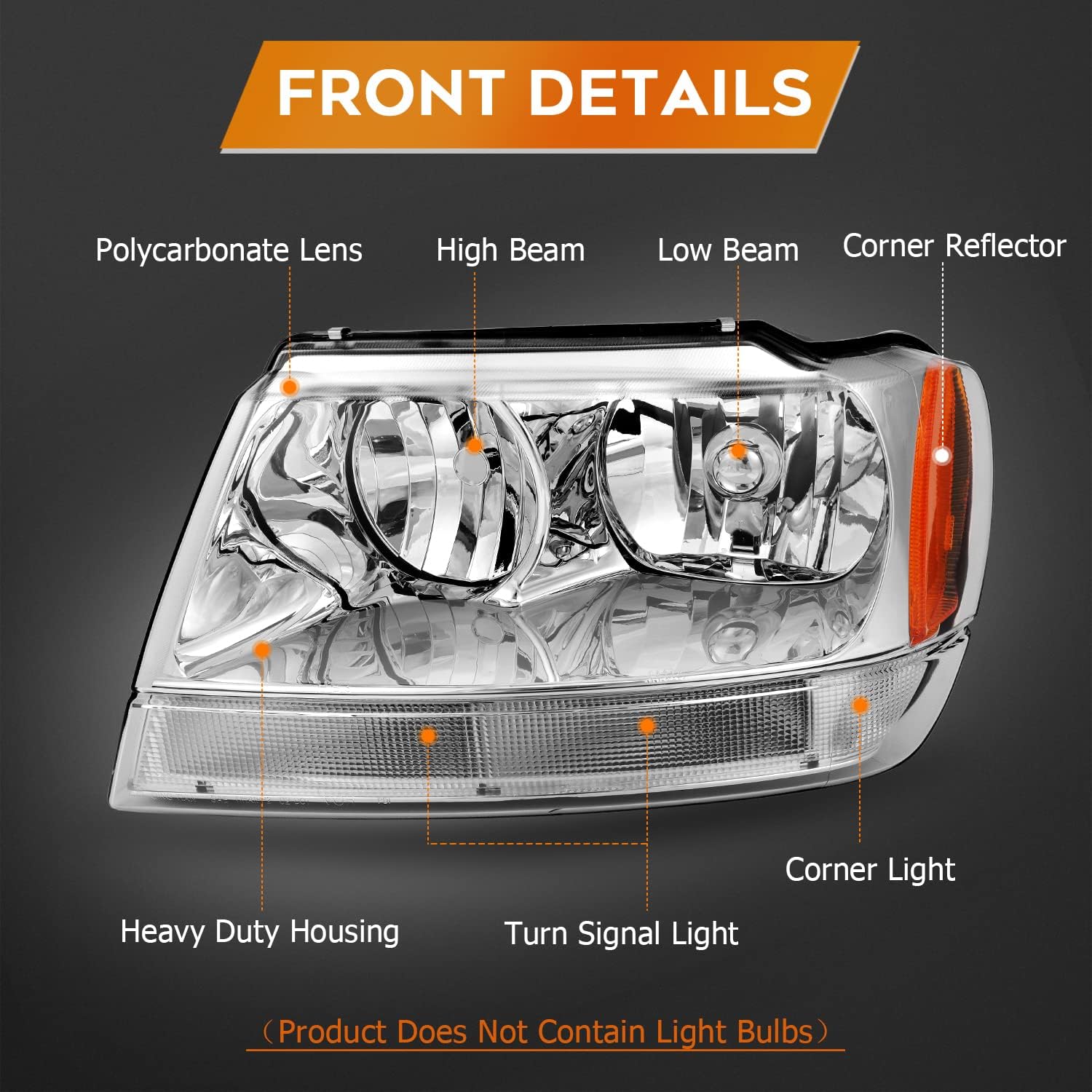 Headlight Assembly for Jeep Grand for Cherokee 1999-2004 Chrome Housing Amber Reflector Clear Lens Driver and Passenger Side Headlamp