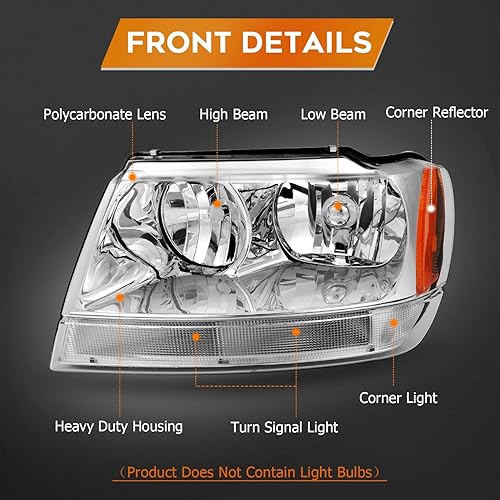 Miniatura 3 de Conjunto de faros delanteros para Jeep Grand para Cherokee 1999-2004, carcasa cromada, reflector ámbar, lente transparente, faro delantero lateral