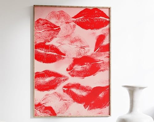 Red Lips Poster 70s Retro Wall Art Print featuring bold lipstick kiss marks arranged in a pop art style for nostalgic vintage bedroom or living room