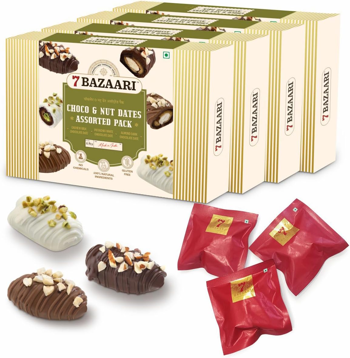 7 BAZAARI™ Premium Choco & Nut Dates - Gluten Free, Natural Ingredients - Assorted Almond Dark Chocolate, Cashew Milk Chocolate- 6pcs (Pack of 4)