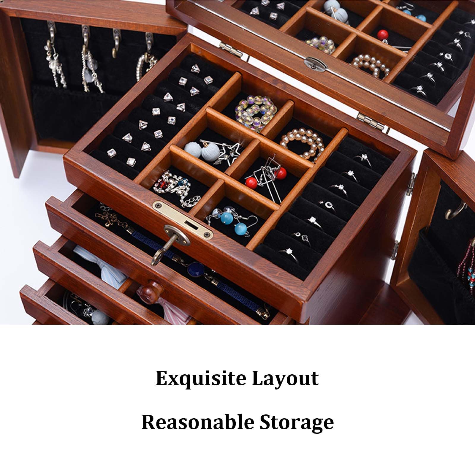 Joyero de Madera para Mujer, 6 Niveles, Joyeros Organizador Grande con 5 Cajones, Espejo & Cerradura, Caja Joyero para Joyas, Jollares, Anillos, Alhajero, Relojes de Estilo Vintage (Walnut)