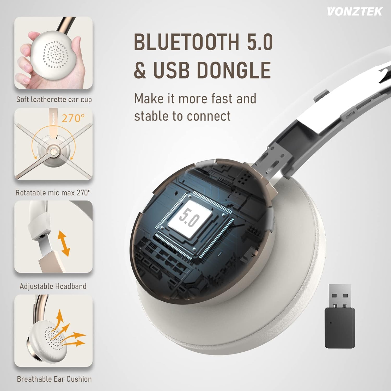 Photo 1 of Vonztek Wireless Headset, Trucker Bluetooth Headset with Microphone Noise Canceling & USB Dongle, 5.0 Wireless Headphones with Mic Mute for Cell Phone PC Computer Work Office Teams Meeting Call