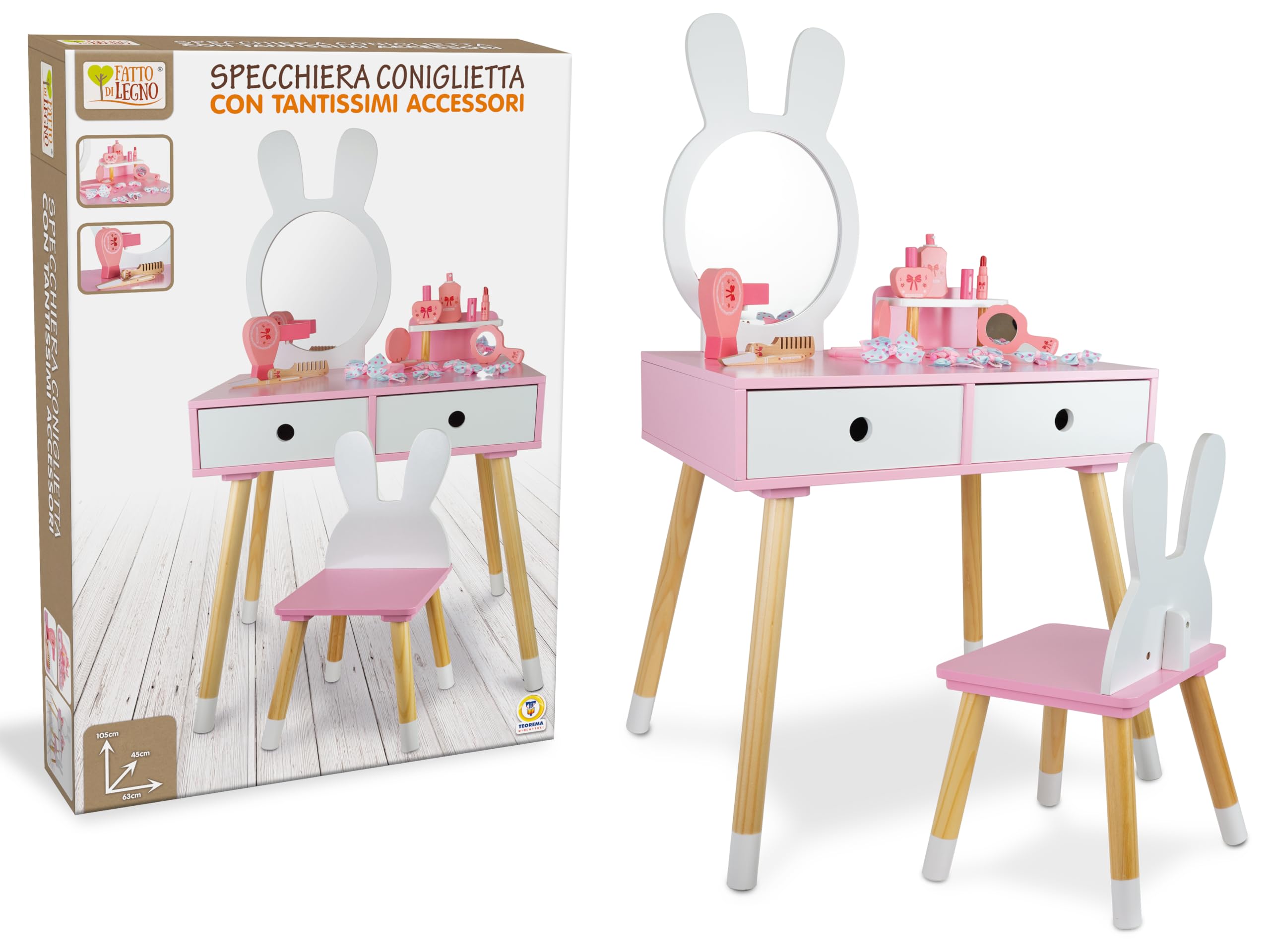 Teorema Giocattoli Postazione Trucco Bambina Grande Toeletta Legno Coniglietta Sgabello Specchio Accessori Make Up Cameretta