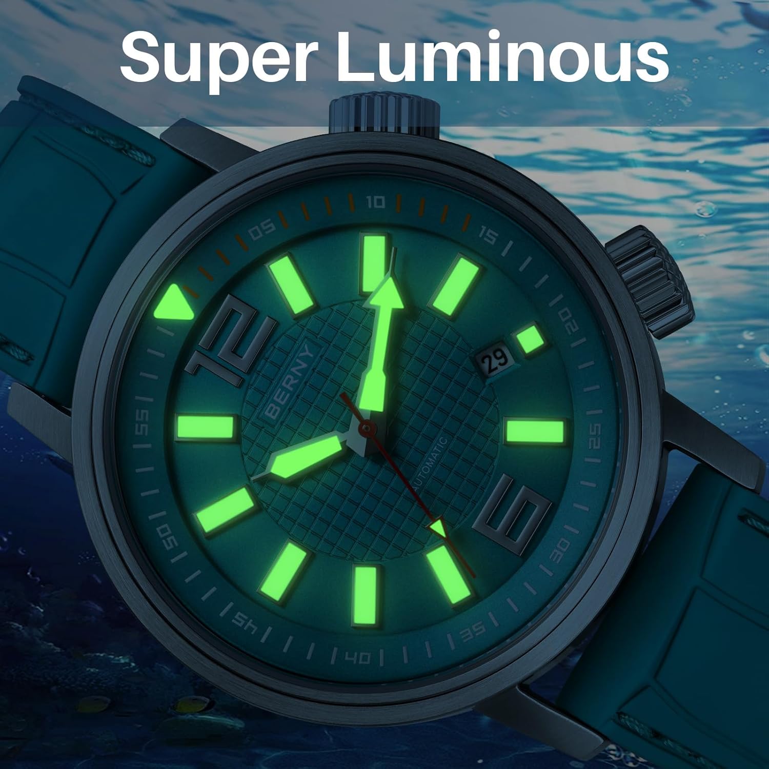 BERNY Automatic Mechanical Dive Watch for Men Self Winding Sport Silicone Strap Wristwatches Waterproof 20ATM Sapphire Glass Scratch Resistant Super Luminous-No Battery Required