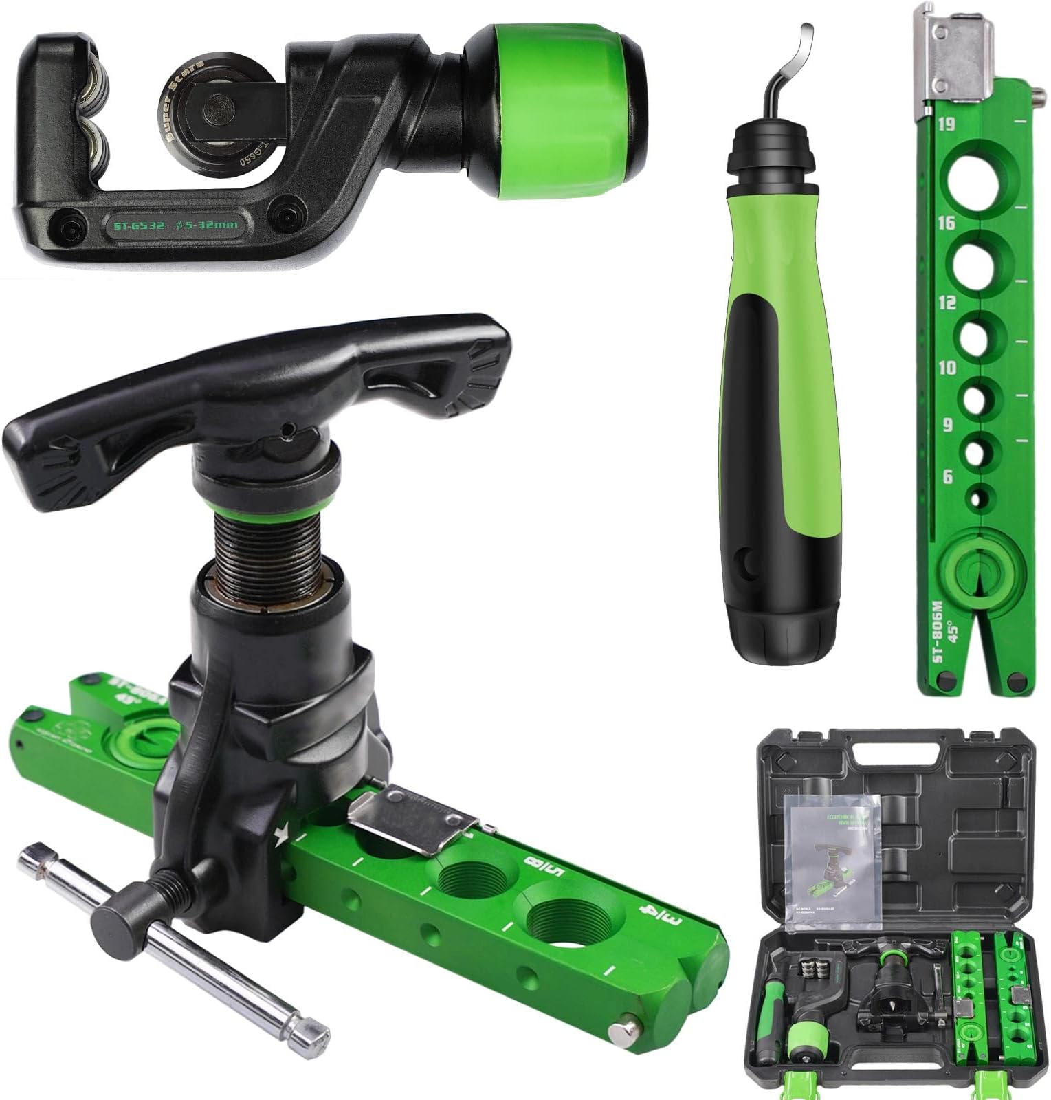 HVAC Flaring Tool Kit for 1/4'' - 3/4'' and 6-19mm Single Flare, 45° Eccentric Type Manual Tubing Flaring Tool Kit with Clutch, Pipe Cutter, Deburring Tool for Copper Aluminum Pipe (5PCS Set)