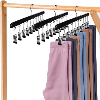 3 Pack Legging Organizer for Closet, Wooden Leggings Hangers Organizer with 30 Metal Clips, Hangers Space Saving Closet Organizer and Storage with 360° Swivel Hook for Leggings, Pants, Skirts, Ties