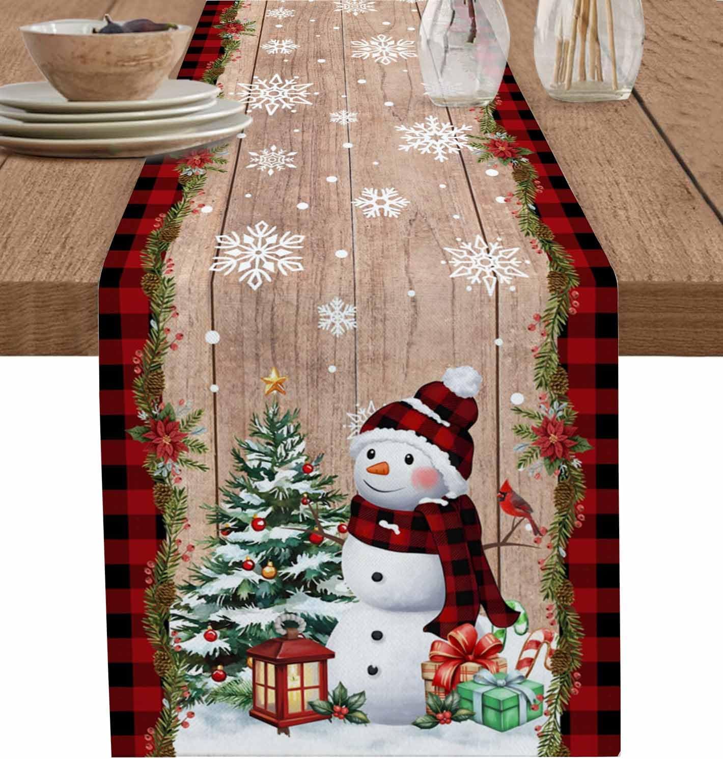 Christmas Snowman Table Runner 120 Inches Long, Winter Snowflake Xmas Tree Table Runners Farmhouse Dress Scarves, Red Plaid Rustic Tablerunner for Coffee Table/Kitchen Island/Party Décor 13"x120"