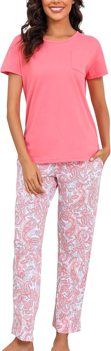 PNAEONG Conjuntos de pijama para mujer Top de manga corta de algodón con pantalones Conjuntos de pijama | Mezcla de algodón suave, conjuntos de pijama de 2 piezas para mujer, pantalones estampados con bolsillos, cómodos, ligeros, ropa informal para el hogar