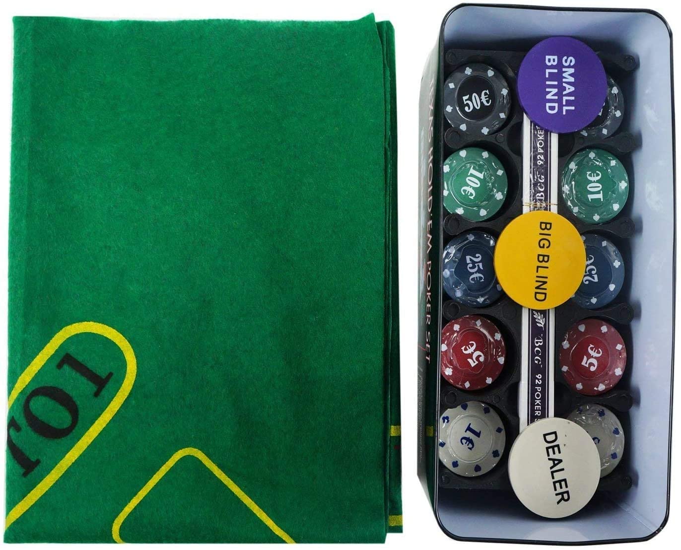 ELAELA Set de póker Caja de Metal, 200 fichas de póker, 2 Cubiertas, botón de repartidor, ciega pequeña, Gran ciega, tapete de Juego
