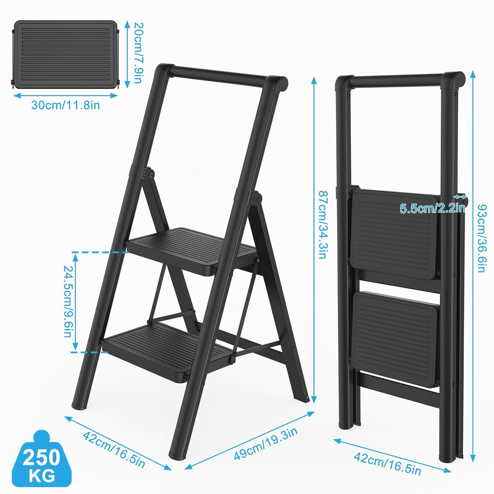 Froadp Escabeau pliable à 2 marches - Antidérapant - En fer - Multifonction - Avec main courante - Pour la maison, la cuisine et l'extérieur - Charge maximale : 250 kg