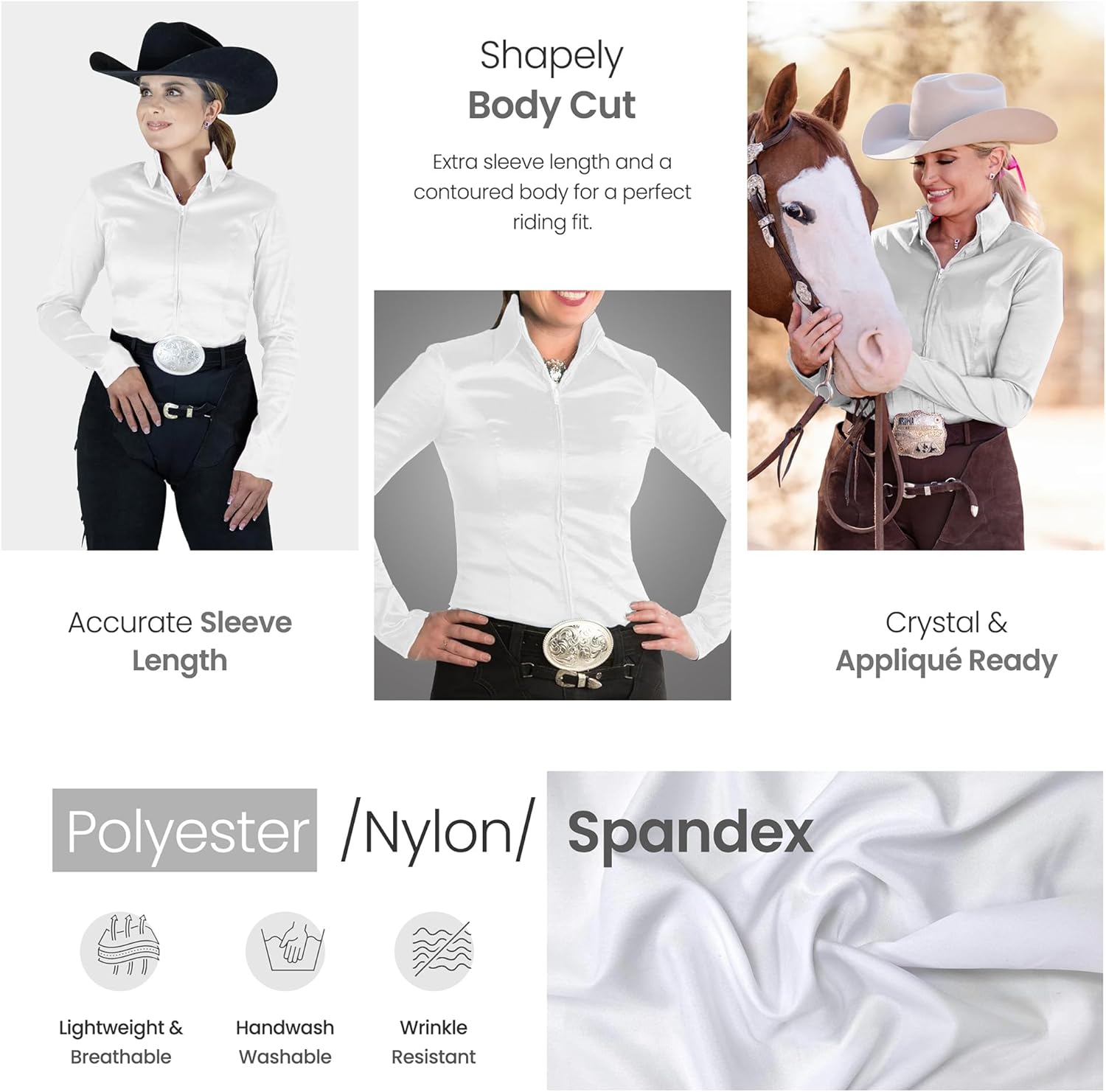 HOBBY HORSE Taffy Show Blouse for Women | Stretch Taffeta Regular Fit Long Sleeve Top | Full Zip Front | Collared Neck