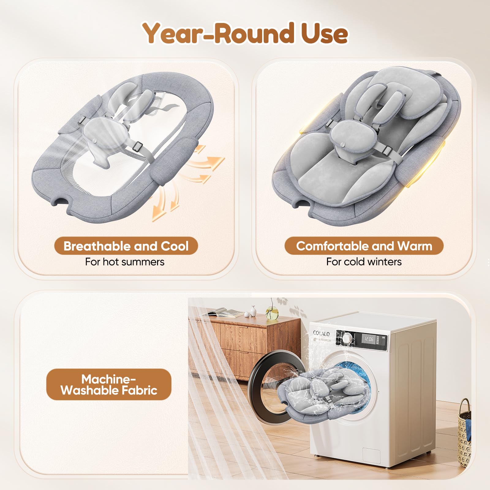 Dossier Réglable Transat Bébé Electrique, Balancelle Bébé Avec Coussin Amovible et Table D'appoint, Balançoire pour Baby avec 3 Minuteries et 5 Vitesses, 12 Mélodies, 3 Options D'alimentation (Gris)
