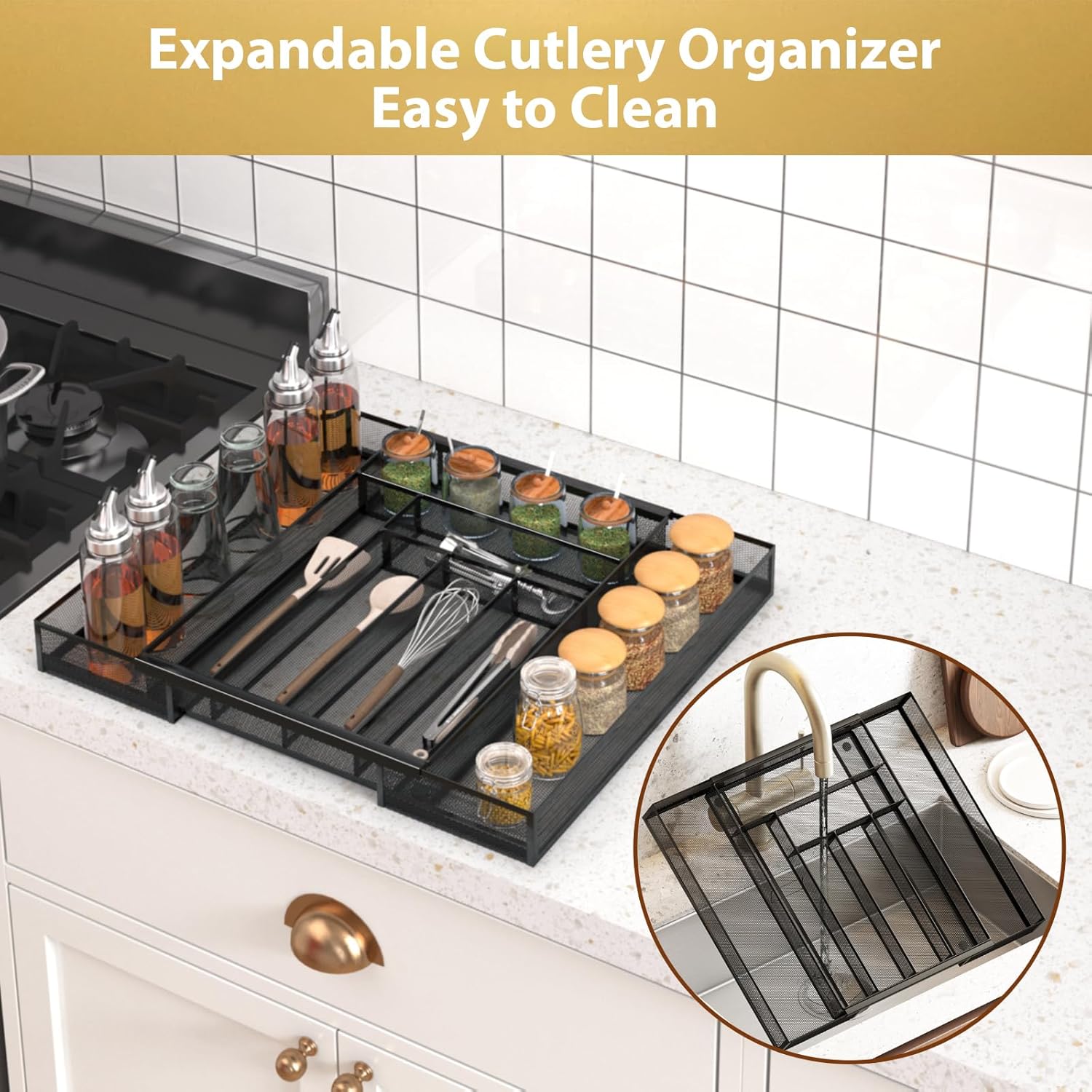 Sedegn Silverware Organizer Metal Mesh, Large Drawer Organizer, Utensil Cutlery Tray for kitchen drawers, Expandable Flatware Organizer with 8 Compartment Black 11.6"~20" x 17.3"