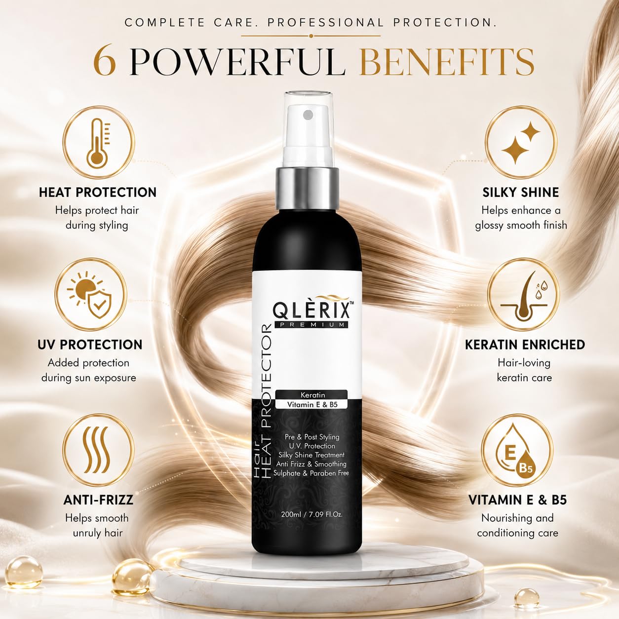 QLERIX Premium Hair Heat Protection Spray - 200ml | Heat Protectant for Women & Men | Straightening, Smoothening, Hair Styling | Frizz Control | Paraben & Sulfate-Free 1