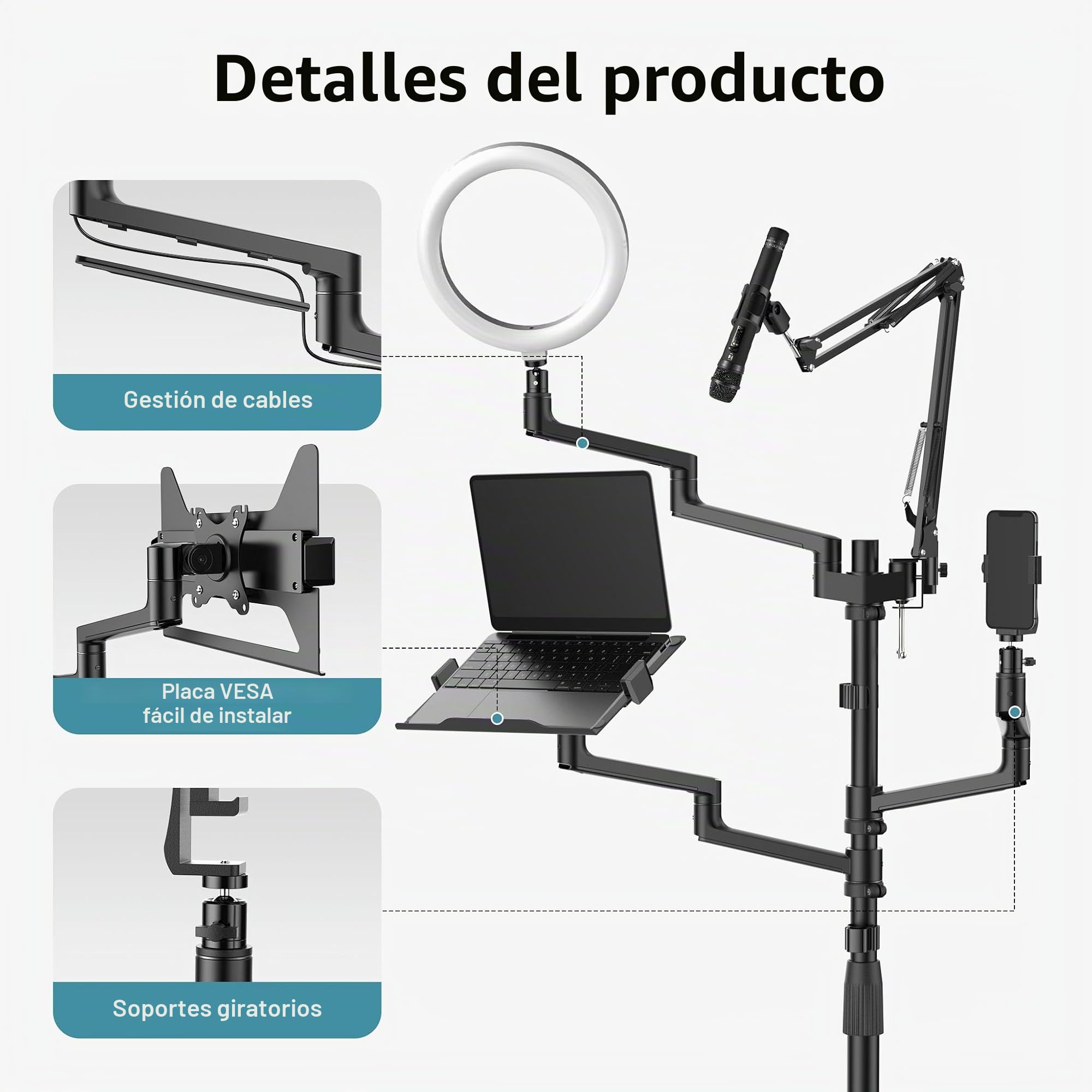 WilTec Soporte de Streaming 4 en 1 99,6x15,2 x143 cm Base con Ruedas 1 Brazo de micrófono 3 Brazos articulados para cámara, Anillo de luz y Monitor/Ordenador Base de Broadcast