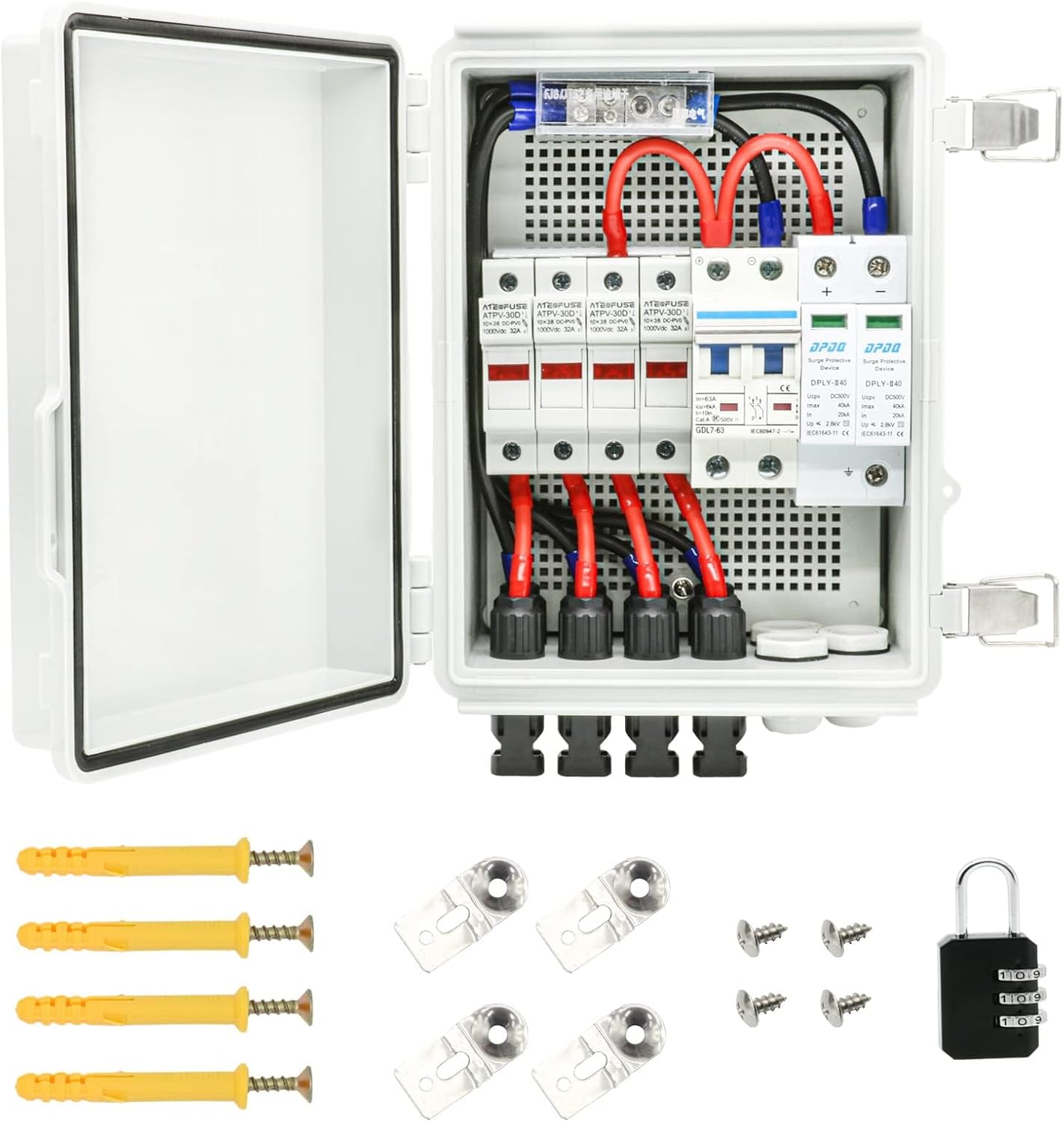 4 String Photo voltaic Combiner Field, IP65 Waterproof PV Combiner Field for On/Off Grid Photo voltaic System,with Lightning Arrester, 15A Rated Present Fuse & 63A Circuit Breaker(Plastic)