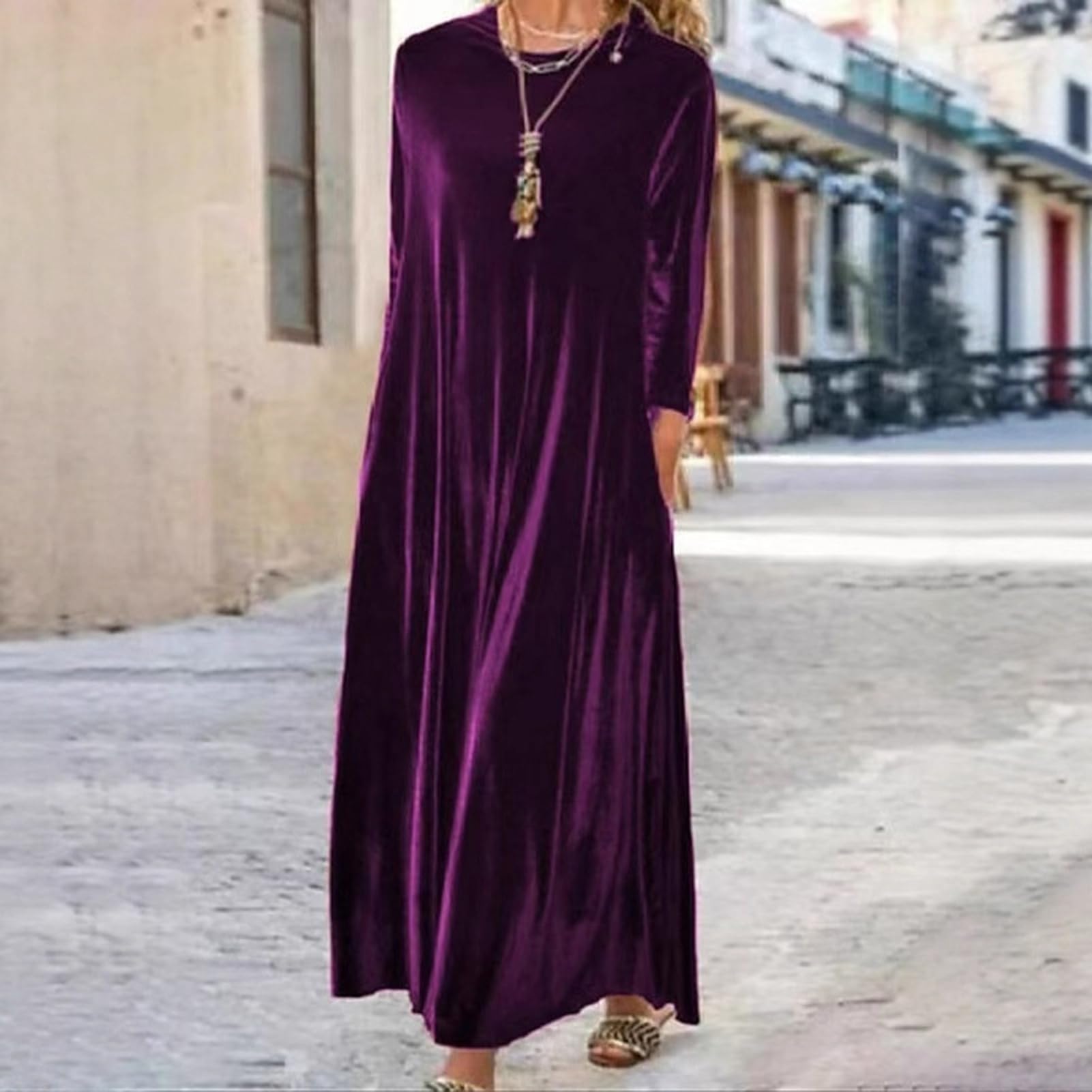 Robe longue en velours pour femme - Col rond - Manches longues - Coupe ample - Idéale comme tenue d'invité de mariage - Idéale pour les cocktails, les soirées
