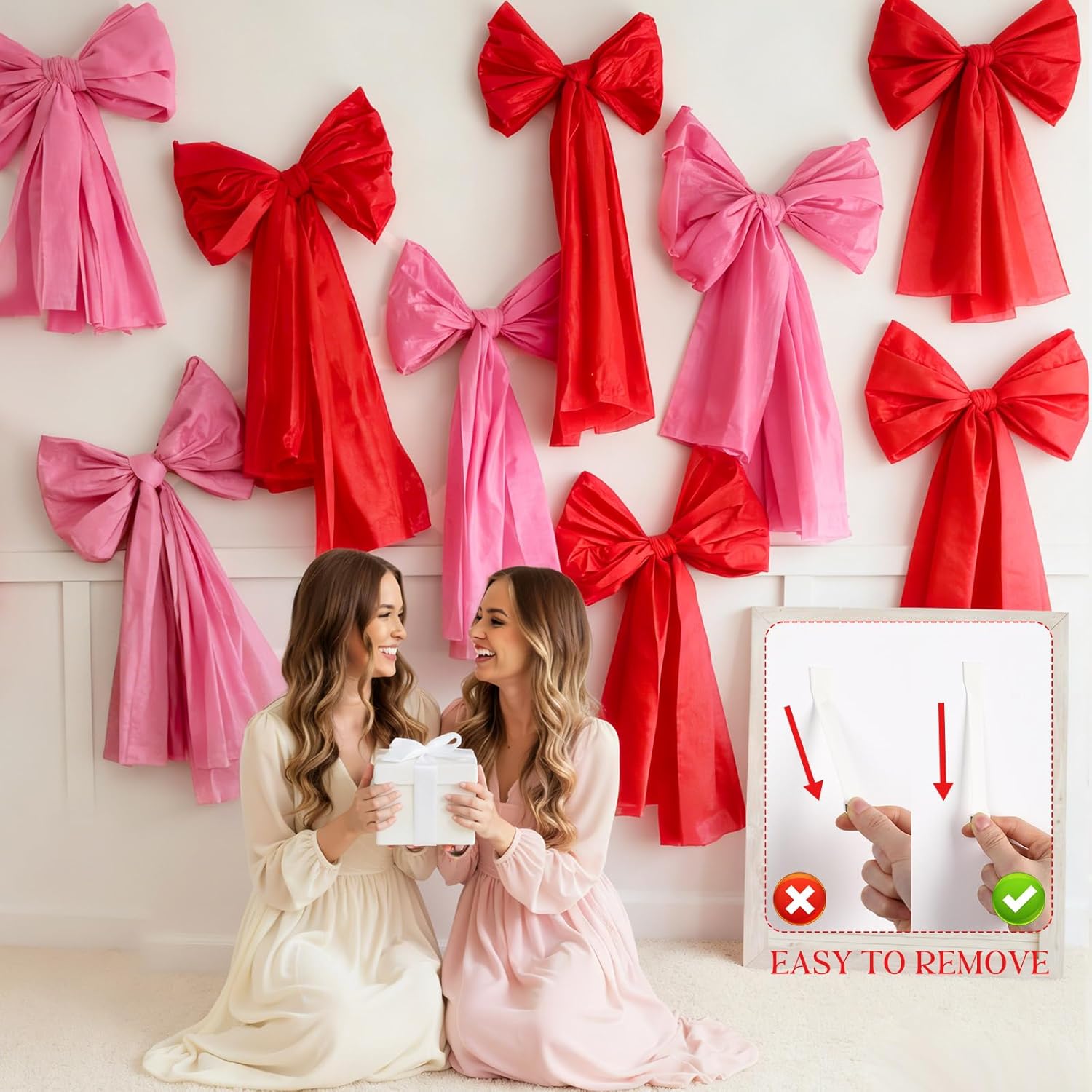 Janinka 8 Pcs Pre-Tied Large Bow Valentines Day Decorations Galentines Day Giant Pink Bow Decor, 31 x 20 Inch Handmade Giant Bows As Background for Birthday Room Weddings Party Decor(Red and Pink)