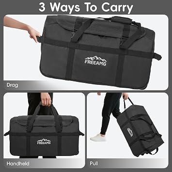 120L Foldable Rolling Duffel Bag with 3 Wheels and Handle, Black, 120L, With 3 Wheels