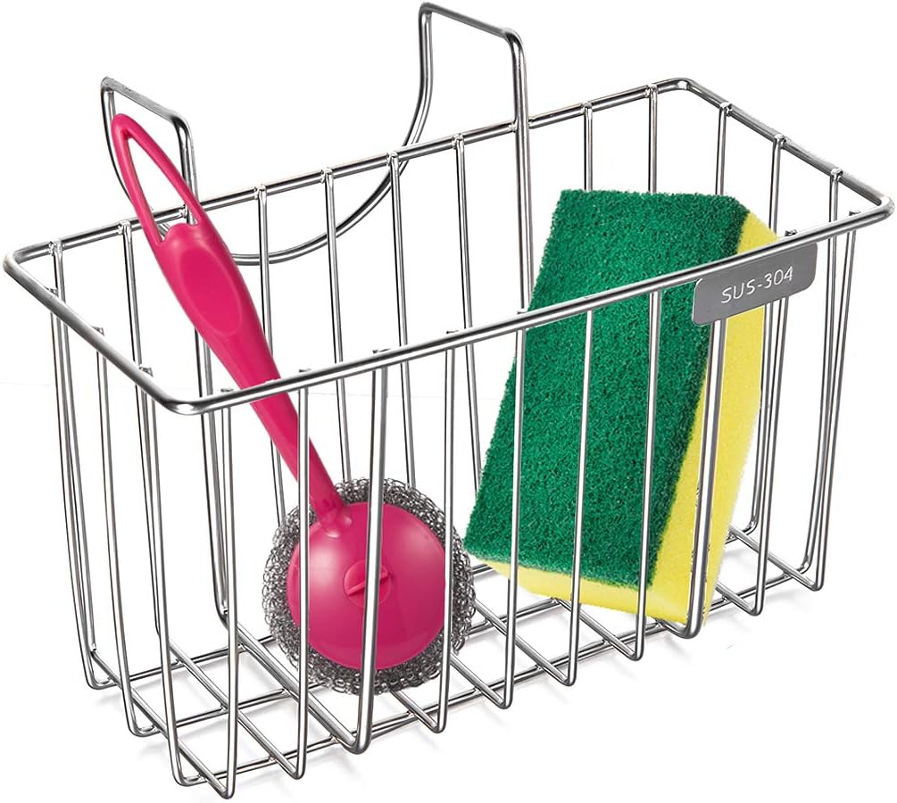 HBlife Kitchen Sponge Holder, 304 Stainless Steel Sink Caddy Organizer Soap Dishwashing Liquid Drainer Brush, Rack and Draining Basket