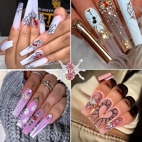 Miniatura 2 de 35 dijes de uñas de Halloween 3D para uñas acrílicas de araña, plateado, dorado, rojo, negro, diamantes de imitación de araña, aleación brillante,