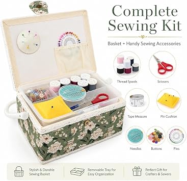 Medium Sewing Basket with Accessories, Sewing Supplies Storage (Bean Green)
