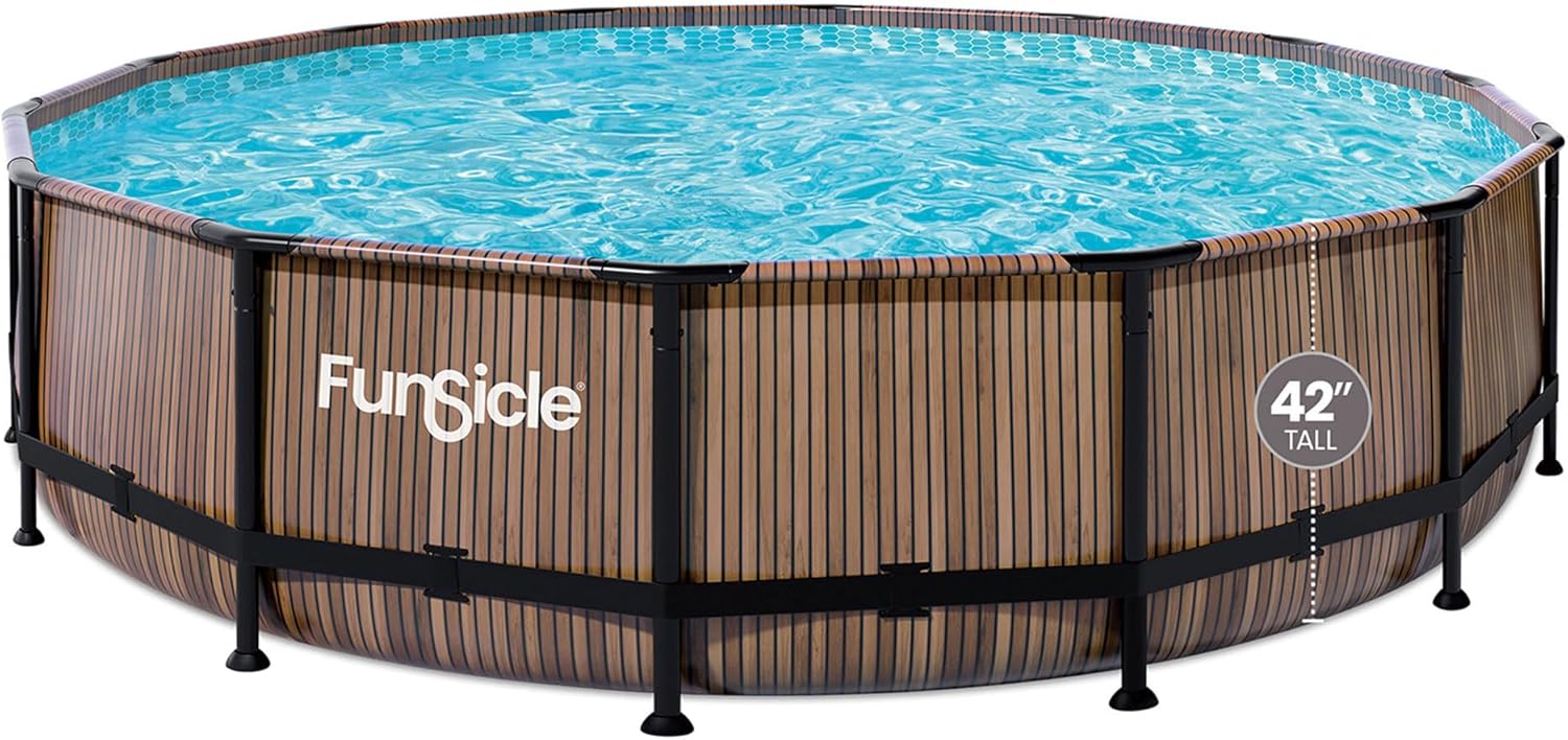 Funsicle 14' x 42" Oasis Above Ground Round Frame Swimming Pool Outdoor Backyard Summer Set with 14' Secure Debris Pool Cover, Natural Teak