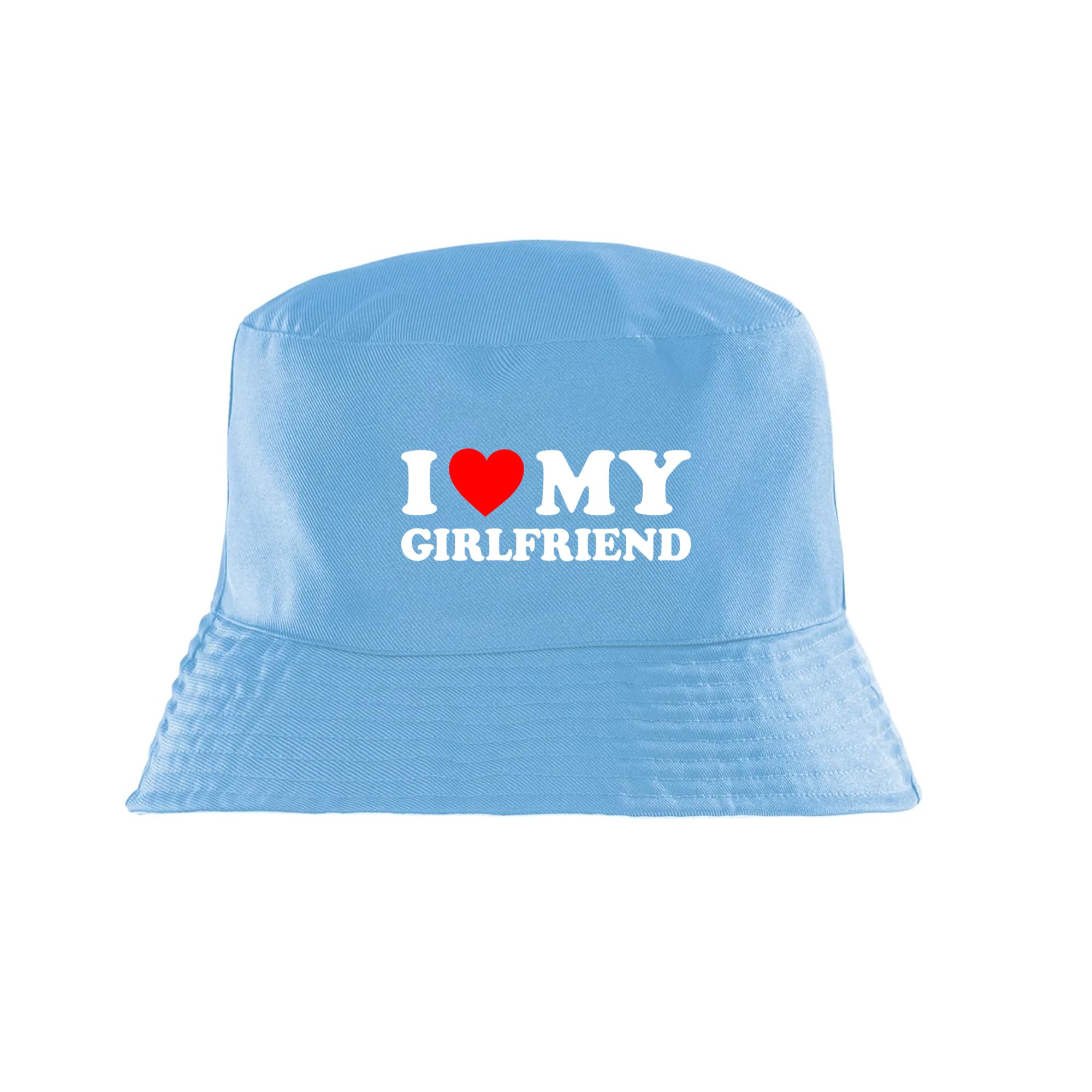 New Spirit Original I Love My Girlfriend, gf Couple Relationship Romance Adults Bucket hat, Novelty Hats Humerous Iconic Funny Fun Joke Pun Silly Trendy Blue