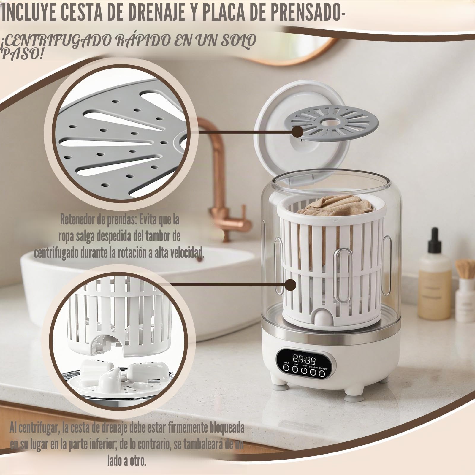 Lavadora para ropa interior, Mini lavadora automática con centrifugado, 3L, con desinfección por luz azul y cesta escurridora, a batería, lavadora para prendas pequeñas y ropa interior