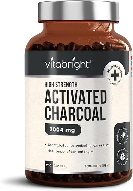 Activated Charcoal Capsules - 250 Capsules - 2004mg per Serving of 6 Capsules - from Natural Coconut Shell - for Indigestion, Bloating, Excessive Flatulence, Gas - Vegan - Made in UK by VitaBright