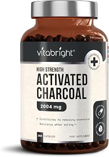 Activated Charcoal Capsules - 250 Capsules - 2004mg per Serving of 6 Capsules - from Natural Coconut Shell - for Indigestion, Bloating, Excessive Flatulence, Gas - Vegan - Made in UK by VitaBright