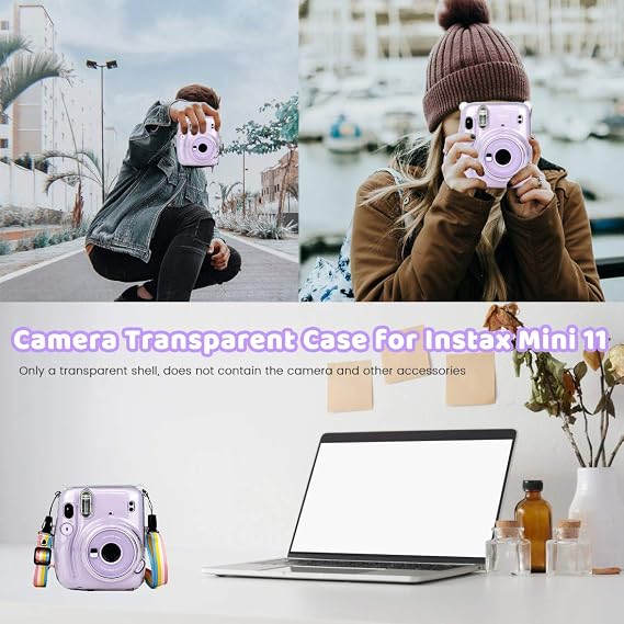 Protective Clear Case for Fujifilm Instax Mini 11, Crystal Camera Case with Adjustable Rainbow Shoulder Strap for Fujifilm Instax Mini 11
