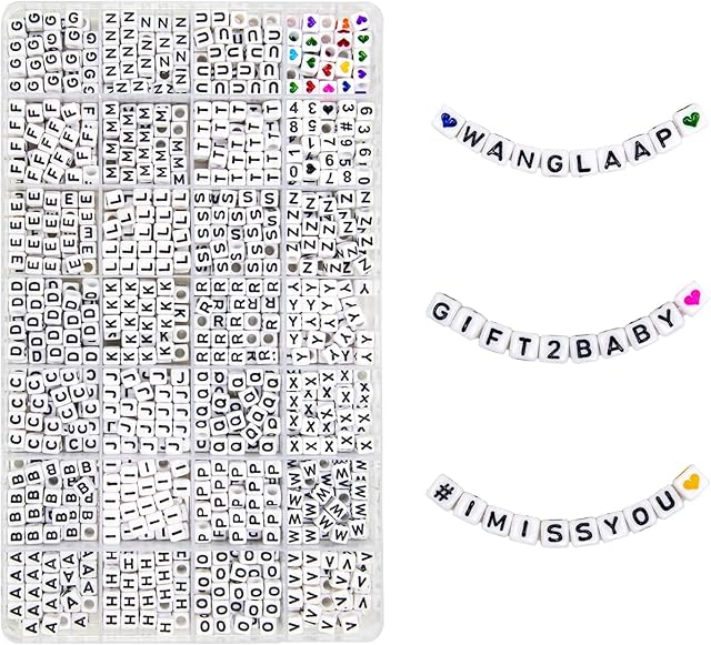 WangLaap 1120Pcs Square Acrylic 6x6mm Alphabet A-Z Letters Beads with Numbers Colorful Hearts Cube Beads for Phone Lanyard Bracelets Necklaces(White-1120-Organized)