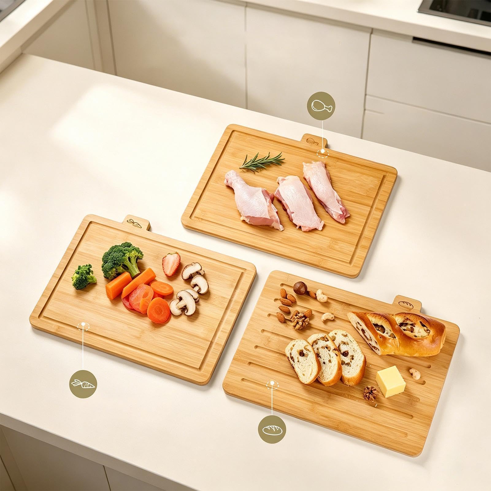 Set di taglieri in legno, 4 taglieri etichettati con base portaoggetti