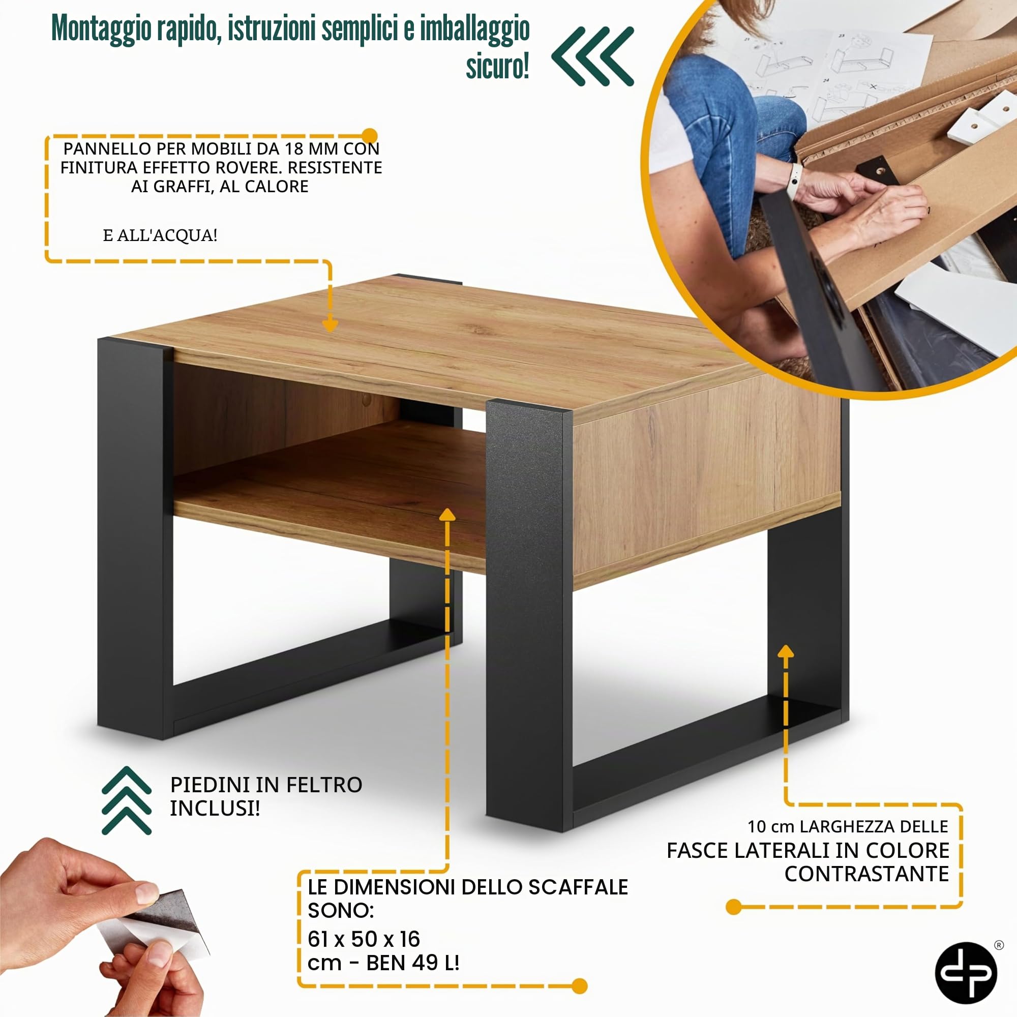 defiPad Tavolino da salotto con spazio di archiviazione, moderno tavolo da soggiorno in rovere | 65 cm di larghezza | tavolo da caffè massiccio e stabile | tavolino da caffè (Nero + Rovere)