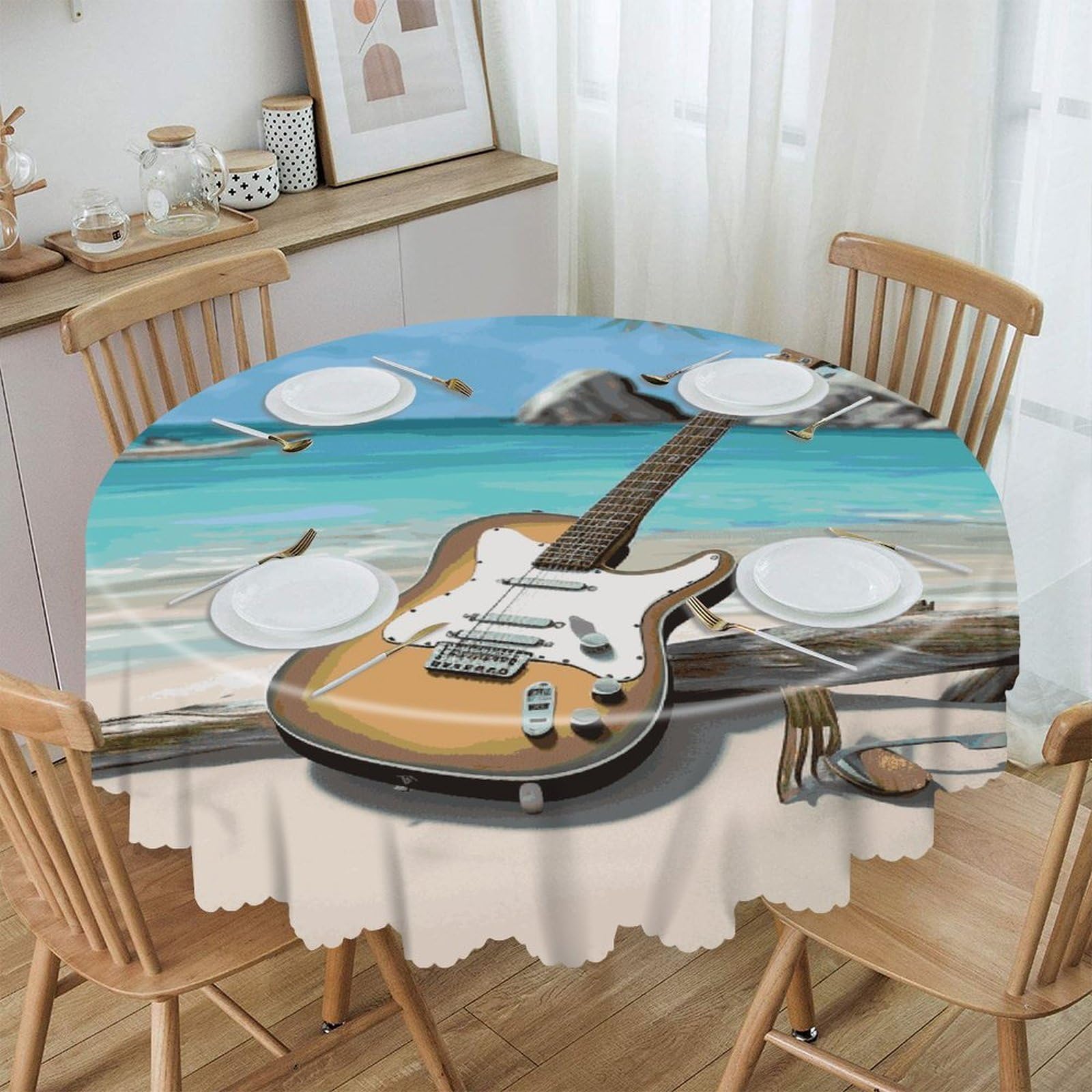 Btcowzrv Style Guitar On The Beach Polyester Round Tablecloth 59.84 Inch, Decorative Washable Table Cover, Table Cloth For Restaurant Picnic Indoor And Outdoor Dining