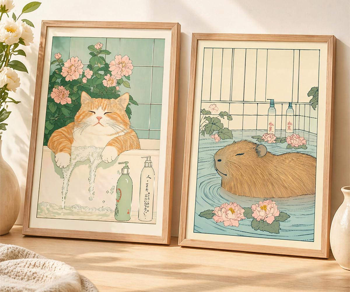 Framed Japanese Bathroom Wall Art Set of 2 Funny Cat & Capybara Bath Print image 4