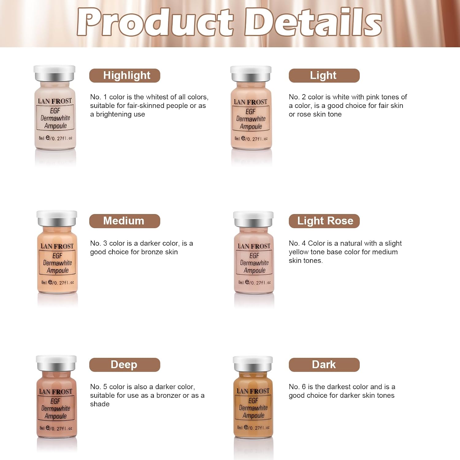 BB Facial Serum Starter Kit Hyaluronic Acid Essence Foundation Skin Care Kit 0.27oz 12 Vials, Combined With Niacinamide and Peptides To Brighten Skin Tone Anti-Aging Glow Foundation 6-Color Mix Pack