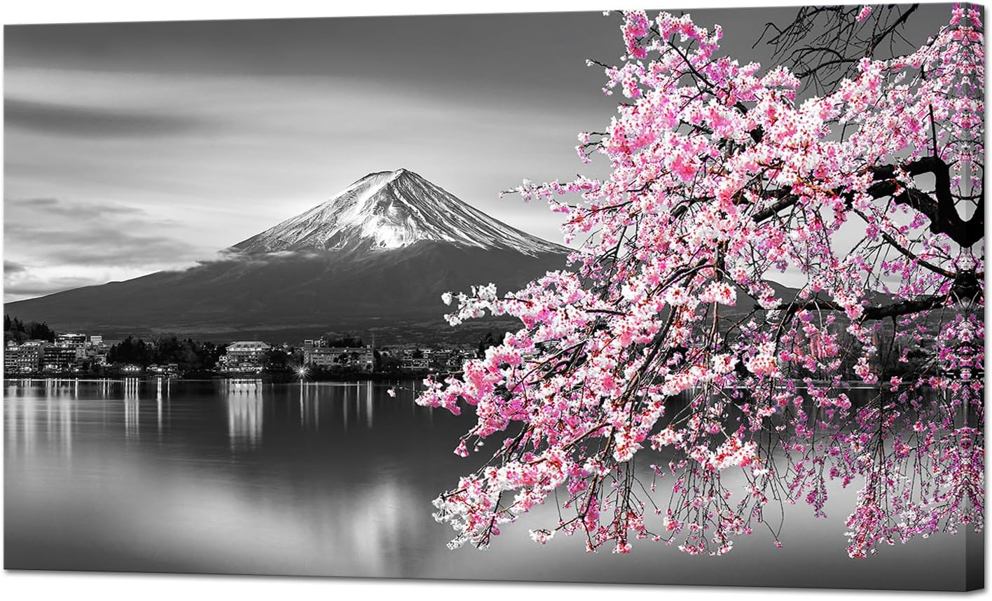 YeiLnm Cherry Blossom Wall Decor Japanese Picture Fuji Wall Art Pink Black 20"x36"Ready to Hang for Office Living Room Decoration