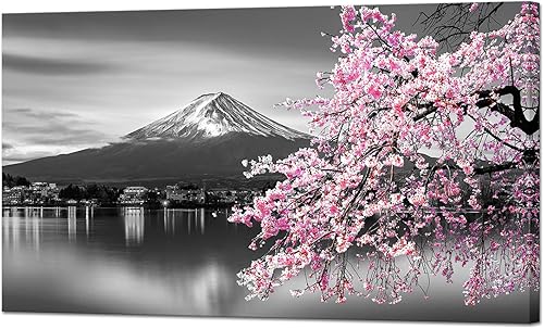 Miniatura 1 de YeiLnm Decoración de pared de cerezo en flor de cerezo, imagen de templo japonés, arte de pared de Fuji, rosa, blanco y negro, 20 x 36 pulgadas