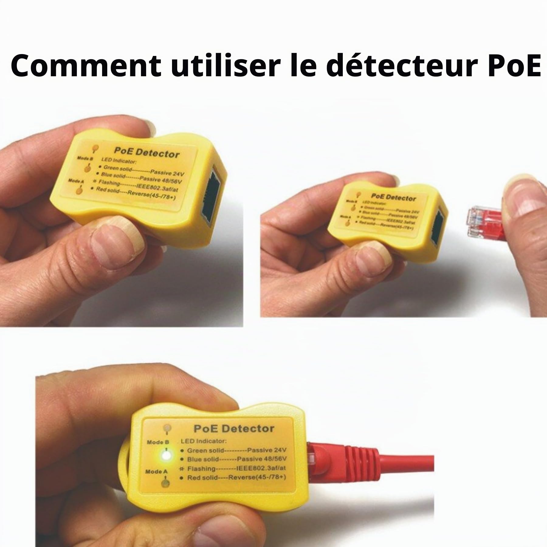 ZHANGQING Outil Test de détection Câble Ethernet de Détecteur PoE pour la Méthode et Tension Approximative Commutateur PoE, Outil Détection PoE pour Injecteur Passif 802.3af/802.3at/802.3bt 568A 568B