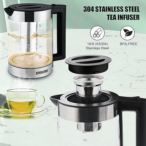 Miniatura 6 de Hervidor eléctrico para agua hirviendo, hervidor de té de 1.8 L con infusor extraíble, caldera de agua de vidrio de borosilicato con luz LED,
