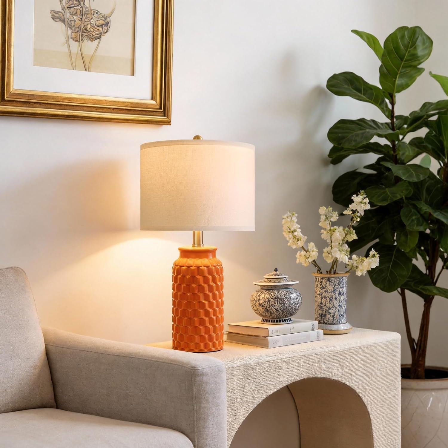 20.5" Ceramic Table Lamps Set of 2, Modern Farmhouse Boho Bedside Lamps for Bedroom, Nightstand Lamps for Living Room End Tables, Small Desk Lamps, Orange