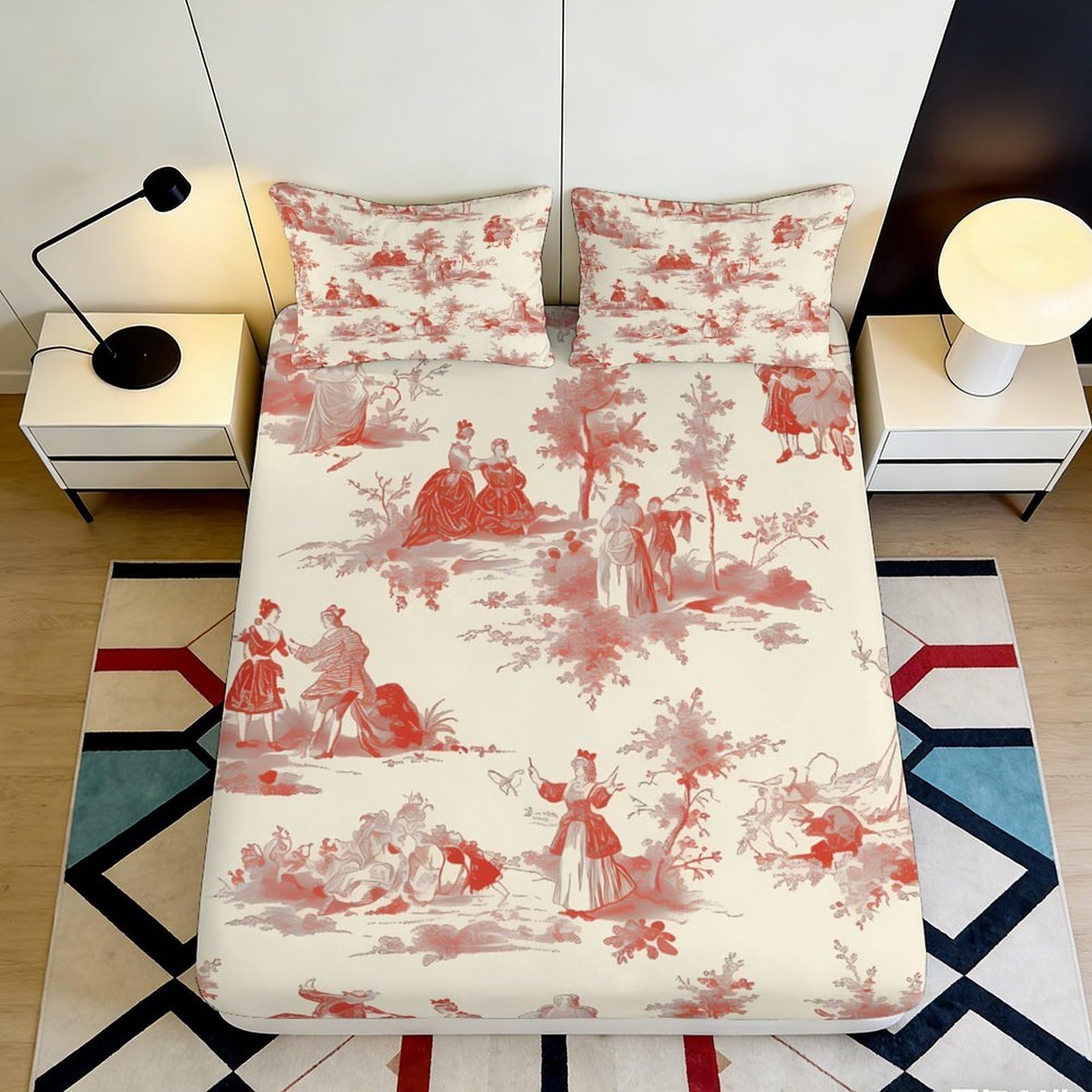 3D Printed Vintage Toile Fitted Sheet Microfiber Red Pastoral Scene Mattress Cover Bedroom Decor Anti-Slip Washable 90x200x25cm
