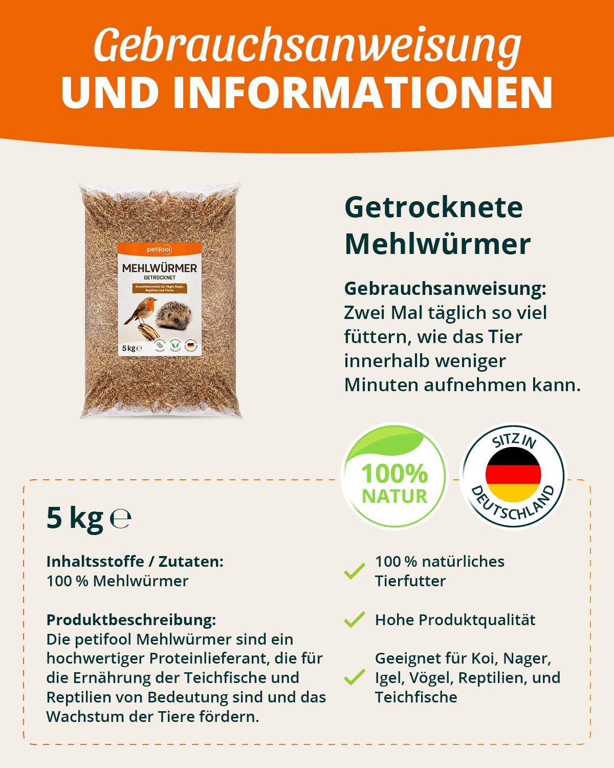 petifool petifool Mehlwürmer getrocknet 5kg – Insektensnack für Vögel, Nager, Fische, Schildkröten und Reptilien – hochwertiges Naturprodukt – proteinreicher Snack für Wildvögel