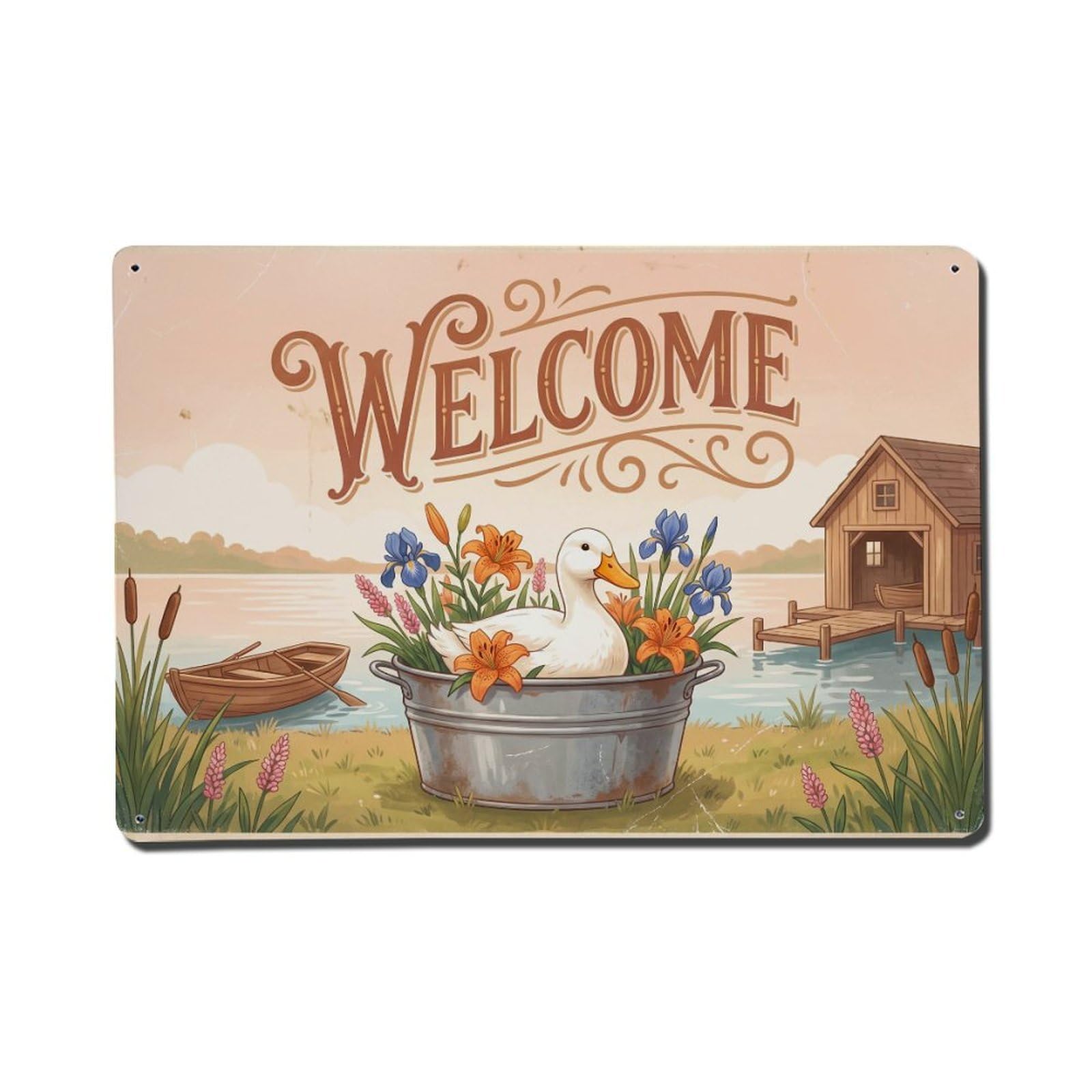 Vintage Welcome Duck Blooming Season Metal Tin Sign