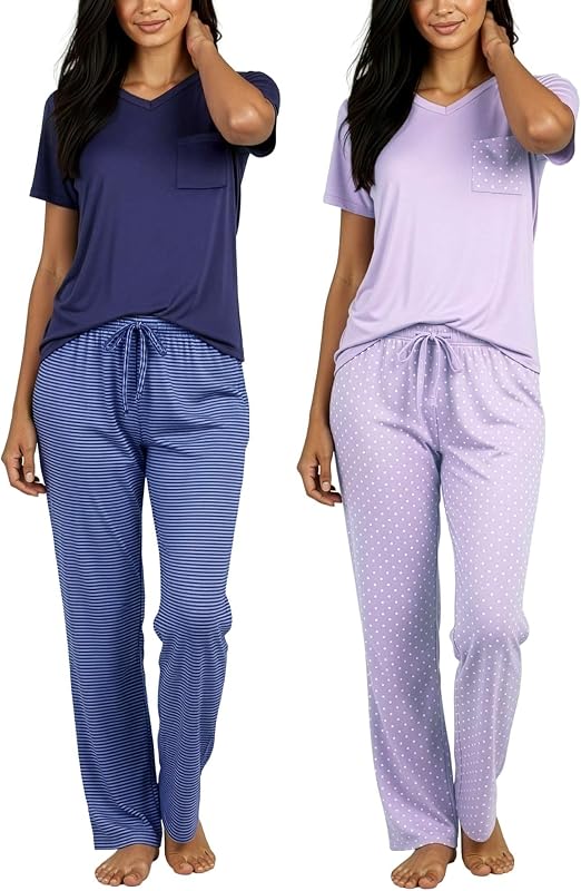 Paquete de 2 conjuntos de pijamas para mujer, ropa de dormir de manga corta, ropa cómoda y linda para estar en casa PJ | Disponible en tallas grandes, suaves y sedosos, pantalones y tops de 2 piezas, ropa para dormir de noche de verano para Mujer a juego, Pijamas De Mujer
