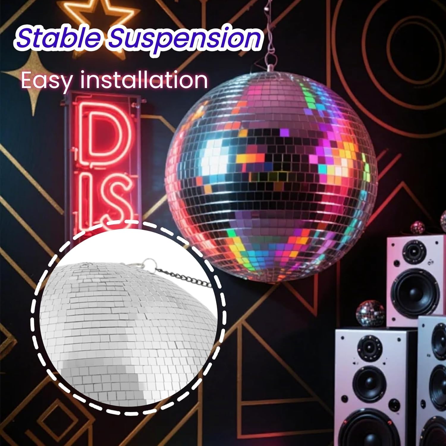16" Disco Ball with Motor and Light, Large Mirror Ball Voice Control Mode 4 Light Colors and 18 LED Beads Hanging Party Decor for Party DJ Club Bar