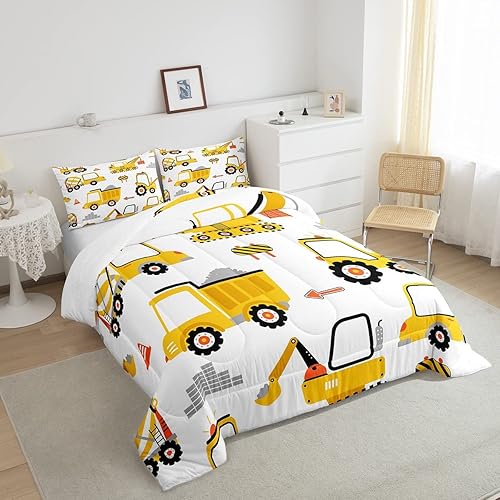 Miniatura 4 de Feelyou Juego de edredón de coche de dibujos animados para niños, edredón de construcción para niños, equipo de camiones, juego de ropa de cama