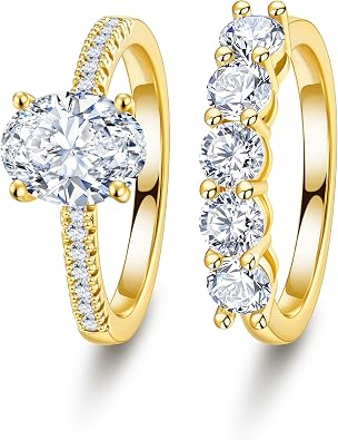 Engagement Rings for Women - 2CT Gold/Silver Oval Cut Cubic Zirconia Engagement Wedding Rings Set for Women Eternity Wedding Band Promise Ring for Her Bride Anniversary Birthday Gifts
